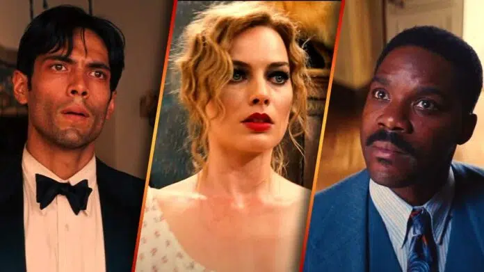Babylon Themes Explained Diego Calva as Manny Torres, Jovan Adepo as Sidney Palmer, and Margot Robbie as Nellie LaRoy