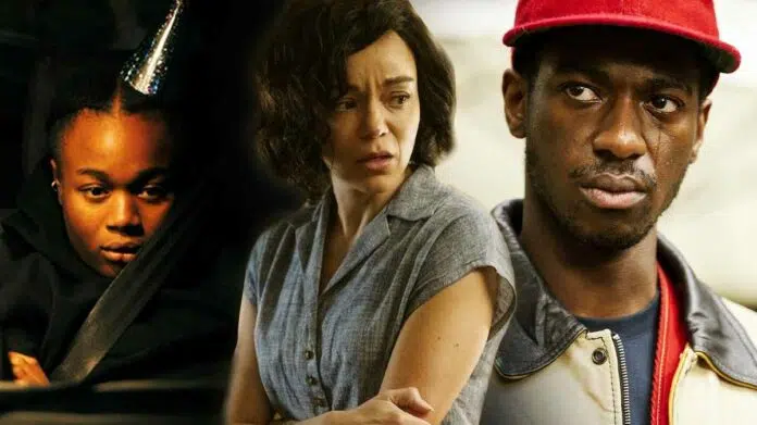 The Strays Ending Explained Ashley Madekwe as Neve, Bukky Bakray as Abigail, and Jorden Myrie as Marvin