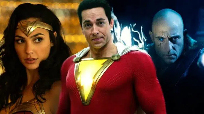 Shazam Fury Of The Gods Ending Explained Shazam (Zachary Levi), Wonder Woman (Gal Gadot) and Dr. Sivana (Mark Strong)